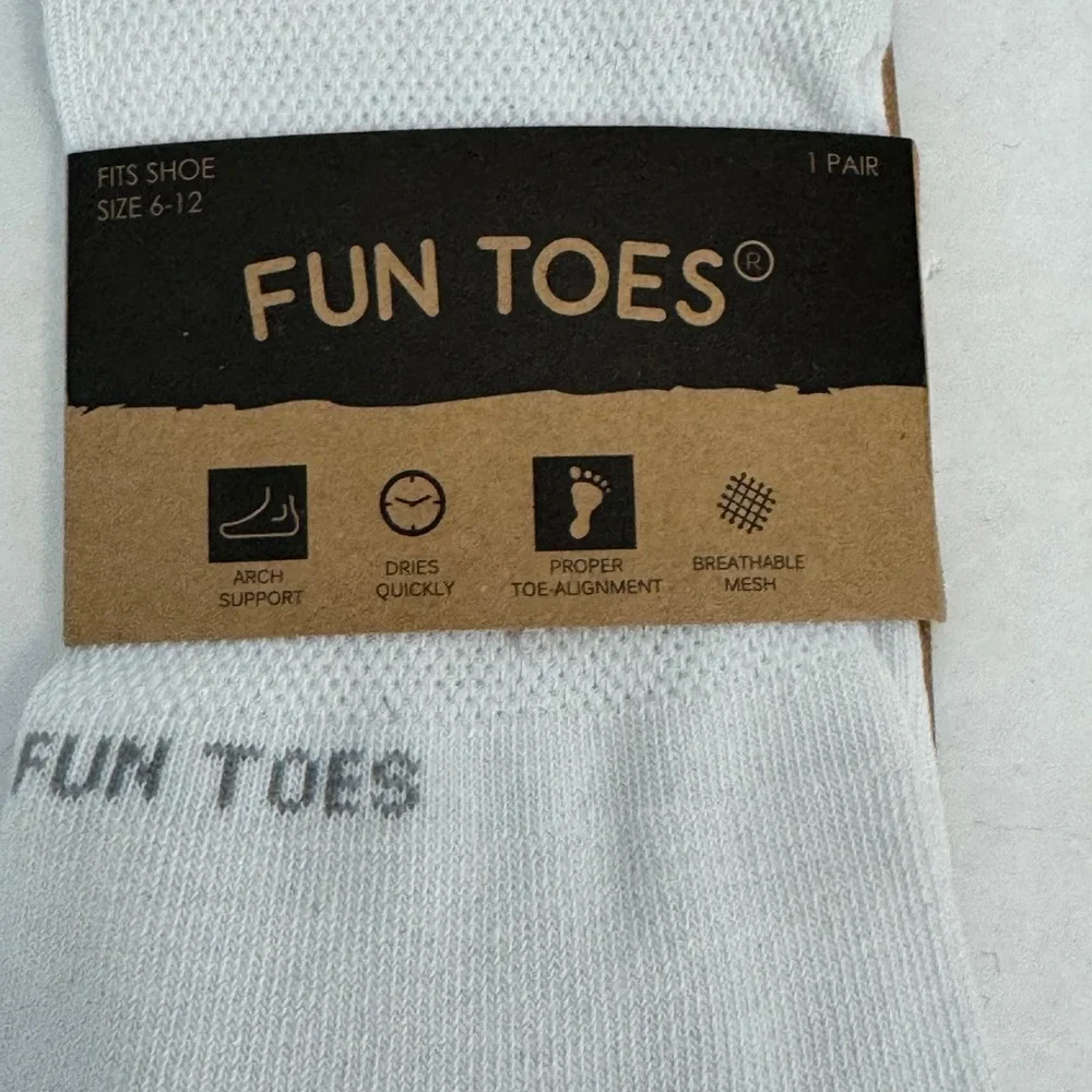 Fun Toes White Athletic Toe Socks 3 Pairs Arch Support Breathable Mesh Size 6-12